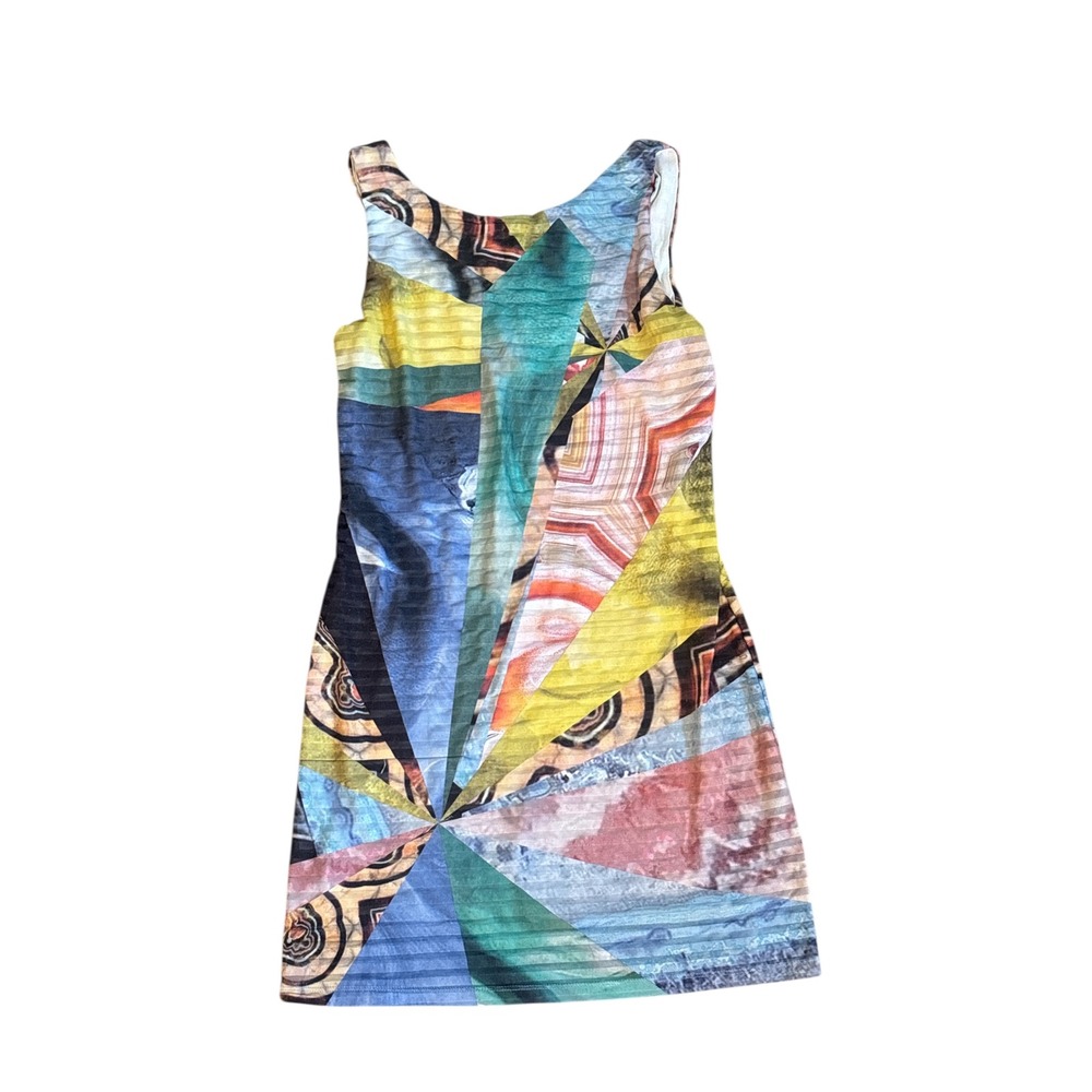 Desigual Multicolor Abstract Art Pleated Geometric Mini Dress Sleeveless Size S - Picture 2 of 8